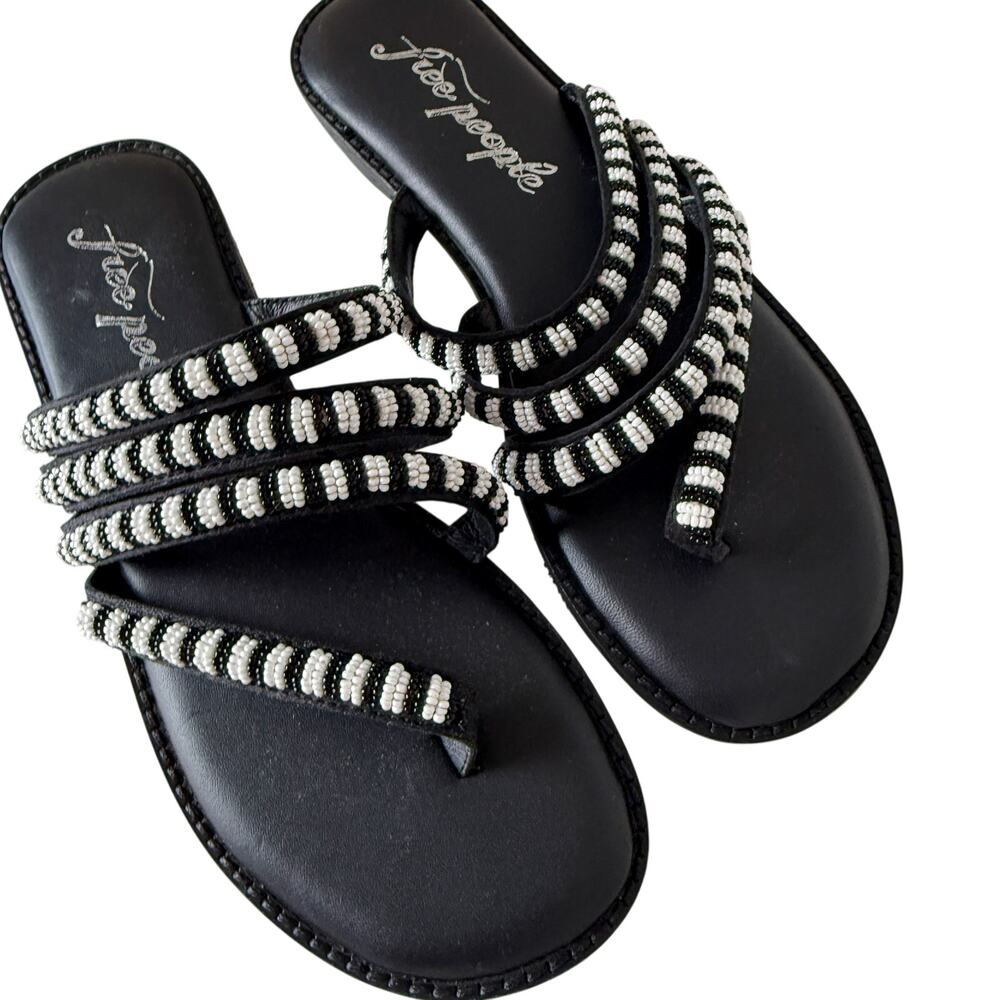 Free People Beatrice Beaded Flat Sandals Black White - 37 7